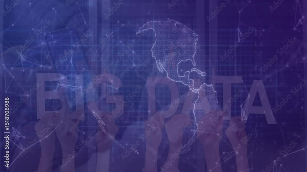 Poster big data fading in starting globe rotating with nodes hands feeding data visualizing global network