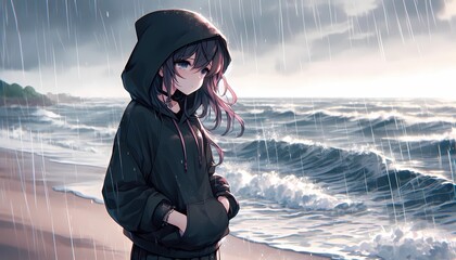 An anime girl stands still near the ocean, clouds swirling above, capturing the quiet melancholy of a ruined vacation.