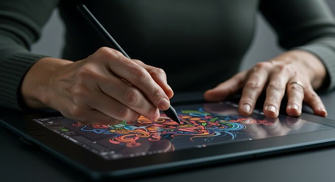 Creative Strokes: A close-up shot captures the intricate process of digital drawing, showcasing a hand skillfully wielding a stylus across a digital tablet, bringing colorful designs to life.
