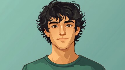 Fototapeta premium A man with curly black hair and brown eyes, wearing a green t-shirt, is a software developer, coding wallpaper generative ai