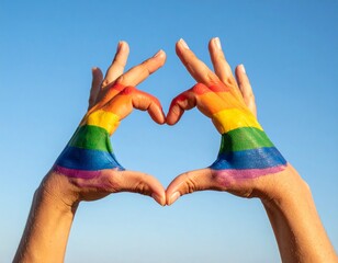 Mãos erguidas formando coração com pintura LGBT