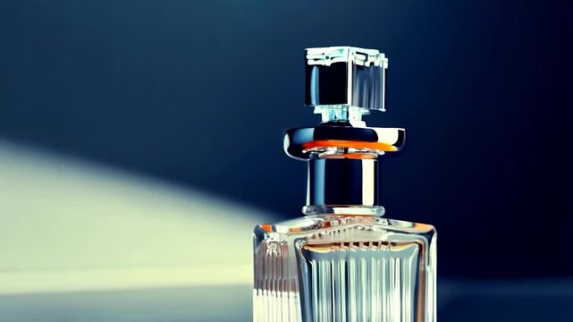 Close-up of an amber-colored rectangular perfume bottle with a decorative top