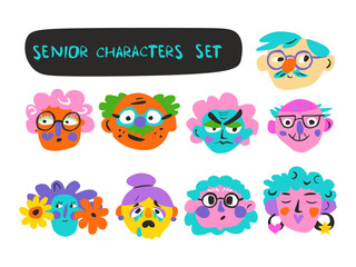 Elderly Diverse Senior Faces in Naive Flat Vector SVG on Transparent Background – Expressive Grandparent Icons for Intergenerational Apps, Healthcare Campaigns, and Family-Themed Educational Games