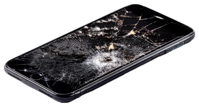 a weathered black smartphone with broken screen isolated on white background