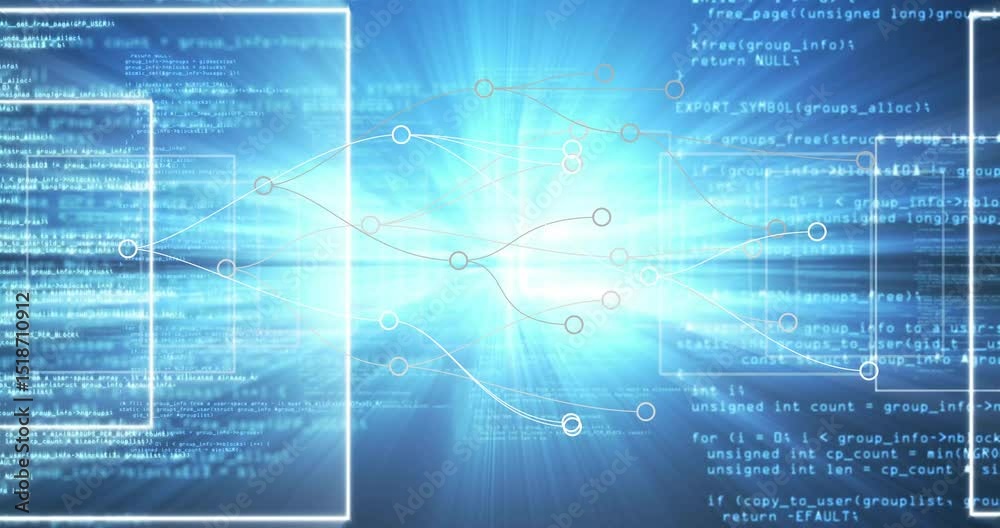 Poster white frames appearing, network connecting nodes, code scrolling and glow pulsing for data flow
