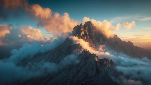Majestic mountain peak surrounded by clouds at sunrise with warm sunlight and dramatic sky