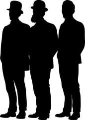"Graphic black silhouettes of three men's profiles in vintage attire, lined up left to right. Each man has distinct headwear and grooming: a top hat and curled mustache, a bowler hat with a full beard