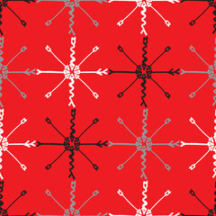 Scribbled arrow vector seamless background. Red, gray, white and black pattern illustration surface design in circles.