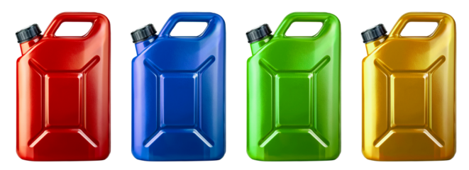 collection of jerry cans in four colors isolated on white background
