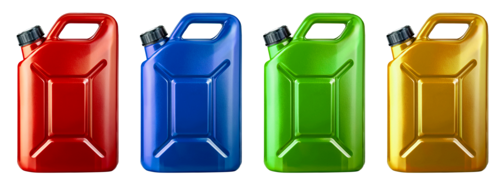 collection of jerry cans in four colors isolated on white background