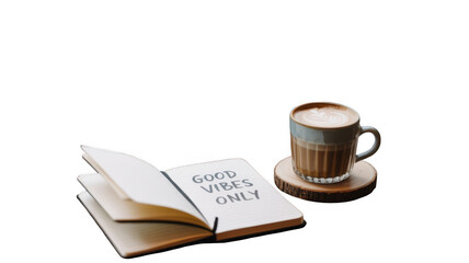 Open notebook showing good vibes only lettering and cappuccino coffee cup on wooden coaster are laying on transparent background, perfect for positive and relaxing vibes concepts