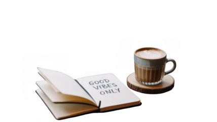 Open notebook showing good vibes only lettering and cappuccino coffee cup on wooden coaster are laying on transparent background, perfect for positive and relaxing vibes concepts