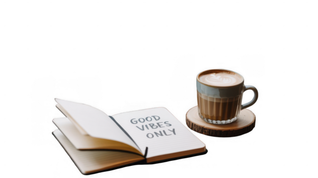 Open notebook showing good vibes only lettering and cappuccino coffee cup on wooden coaster are laying on transparent background, perfect for positive and relaxing vibes concepts - Powered by Adobe