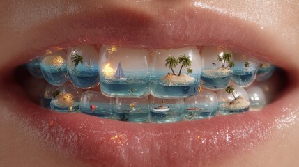 Obraz premium Close-up of a human mouth with transparent glass teeth, miniature islands nestled inside, surreal conceptual artwork blending nature and anatomy.