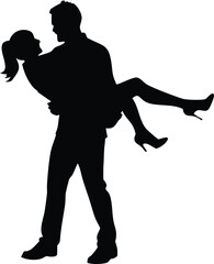 a black silhouette of a man carrying a woman 