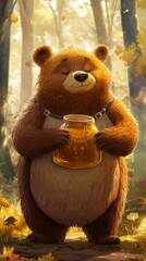 Full-body brown bear, with a honey pot and suspenders, on a pastel forest background. generative ai