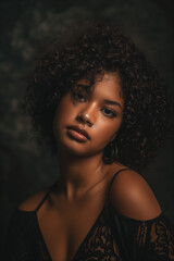 Fototapeta premium Portrait of a young woman with curly hair, expressive eyes and soft lighting, radiating natural beauty against a dark background.