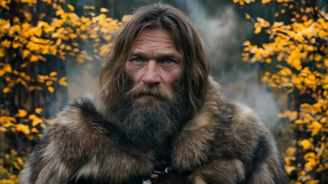 Rugged bearded man with intense blue eyes and long hair wearing a thick fur coat, standing in a forest with yellow autumn foliage