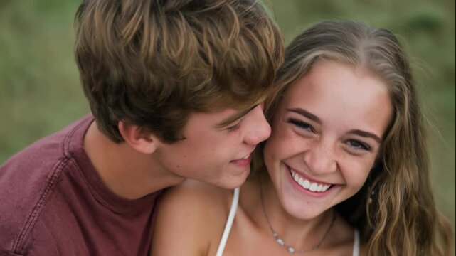 Young couple smiling and sharing affectionate moment outdoors