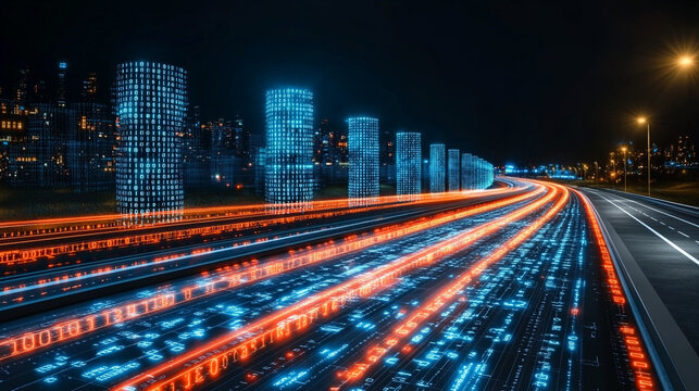 Futuristic 3D highway winds through towering digital binary structures in a virtual cityscape, symbolizing big data, AI, machine learning, and the rapid evolution of hyper-connected technologies.
