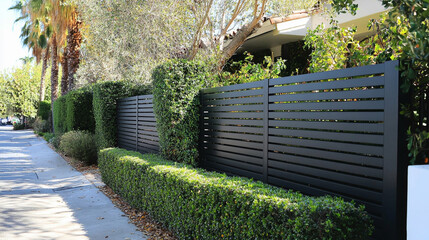 Modern aluminum fence with horizontal slats sits atop a grey concrete block base. Paired with a dense green hedge, it enhances privacy and style in a sleek, contemporary garden or outdoor design.

