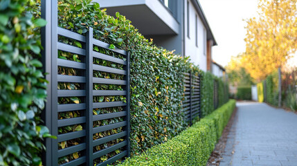 Fototapeta premium Modern aluminum fence with horizontal slats sits atop a grey concrete block base. Paired with a dense green hedge, it enhances privacy and style in a sleek, contemporary garden or outdoor design.
