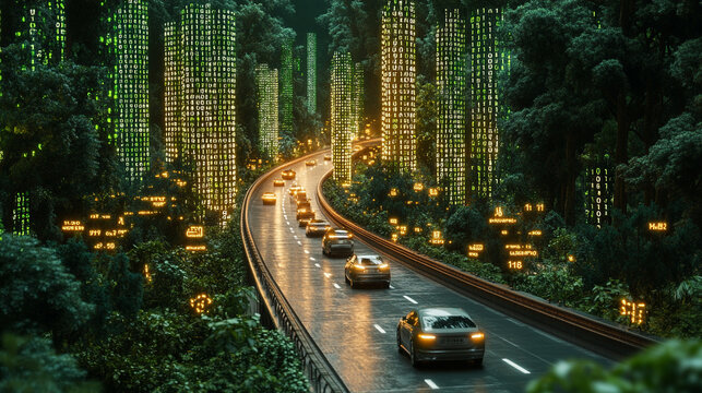 Futuristic 3D highway winds through towering digital binary structures in a virtual cityscape, symbolizing big data, AI, machine learning, and the rapid evolution of hyper-connected technologies.
