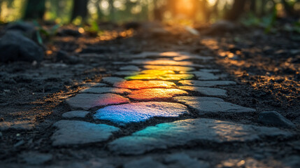 Fototapeta premium A single beam of light refracts through a prism, dispersing into a vivid spectrum. This symbolizes creative insight, clarity from chaos, and the beauty of diverse ideas converging into brilliance. 