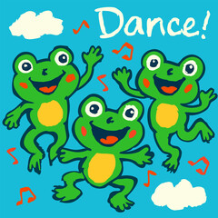 Dancing frogs. Cute childish naive vector poster