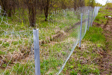A mesh fence laid across an overgrown field