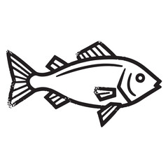 , stylized line drawing of a fish. The fish has a distinctive, angular shape with a triangular head, large eye, and a series of diagonal lines along its body, suggesting scales or fins. The overall de