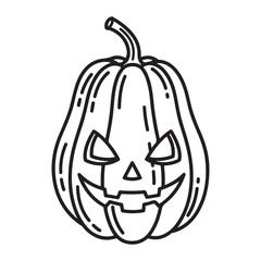 imple line drawing of a jack-o'-lantern or carved pumpkin. The pumpkin has a classic jack-o'-lantern face, with a triangular nose, wide grin, and menacing eyes. The drawing has a bold, graphic style, 