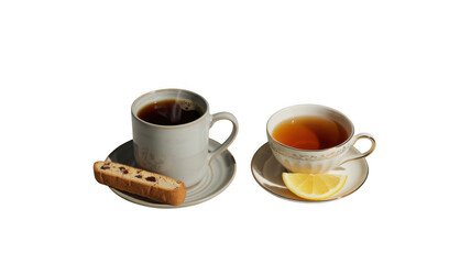 Steaming cup of coffee and a cup of tea with lemon, served with biscotti, are presented on a transparent background, creating a cozy and inviting atmosphere