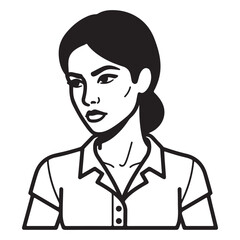 black and white line drawing of a woman's portrait. The woman has a serious, focused expression on her face, with distinct features like her eyebrows, eyes, nose, and lips.