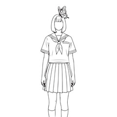  simple line drawing of a young girl or woman wearing a school uniform or similar outfit. The figure has a bow or hair accessory and appears to be standing in a frontal pose. 