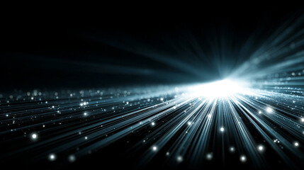 Minimalistic abstract background of glowing fiber optic lights, symbolizing speed, connectivity, and futuristic data transfer. Ample caption space enhances its versatility in tech design.
