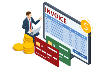 Isometric Mobile invoice payment concept. Isometric vector illustration of electronic bill, smartphone, currency icons, and notification envelope for digital finance and banking.