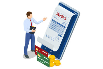 Isometric Modern vector illustration for e-billing, accounting, and online finance management. Digital financial transaction Smartphone with e-invoice, dollar sign, and coin stacks