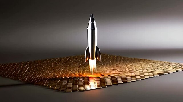 Silver rocket taking off from a large field of gold coins