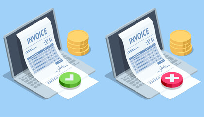 Isometric Isometric E-invoice and digital payment. Features laptop, dollar coins, financial icons, and email notification for accounting and e-commerce solutions.