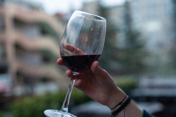 A person is holding a wine glass with a half full of red wine