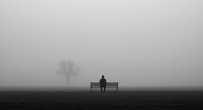 Black and white photo of a person sitting on a bench in fog photography landscape art print design dreamy wallpaper