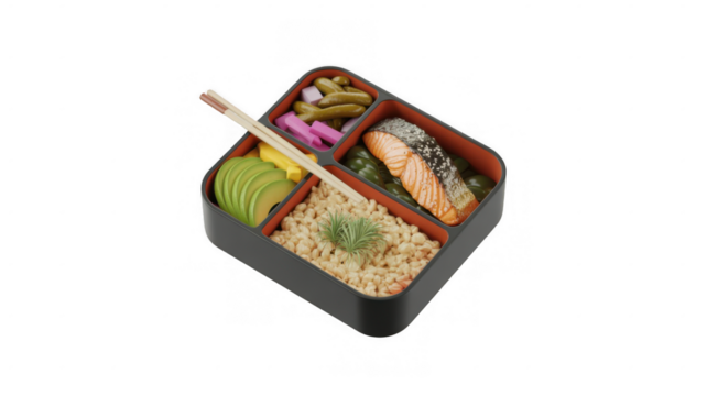 3d rendering of a bento box filled with salmon, rice, avocado, and pickled vegetables, complete with chopsticks, highlighting a healthy japanese meal on a transparent background