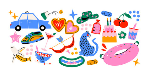 Retro hippie stickers 90s. Cartoon bright psychedelic elements, funky shapes, animals,fruits, vintage. Trendy doodle labels, patches, stamps	