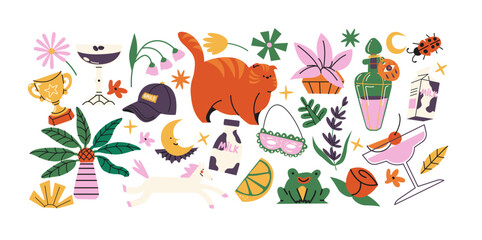 Retro hippie stickers 90s. Cartoon bright psychedelic elements, funky shapes, animals,fruits, vintage. Trendy doodle labels, patches, stamps	