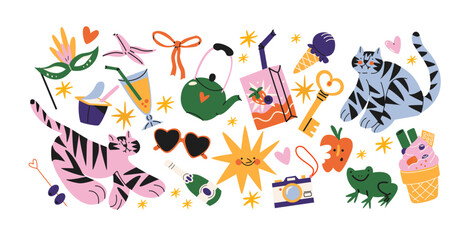 Retro hippie stickers 90s. Cartoon bright psychedelic elements, funky shapes, animals,fruits, vintage. Trendy doodle labels, patches, stamps	