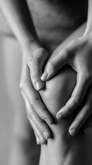 A soft, youthful hand gently grasping the knee in pain, symbolizing joint discomfort or injury. Set against a bright white background with generous space for captions or health messaging.

