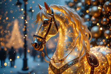 Fairytale decorated horse. Greeting card. Horse - symbol of 2026 in new year decoration.