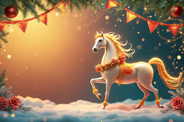 Greeting card. Horse - symbol of 2026 in new year decoration.