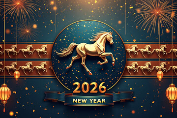 Horse - symbol of 2026 according to the eastern calendar. Greeting card for chinese new year of the horse 2026.
